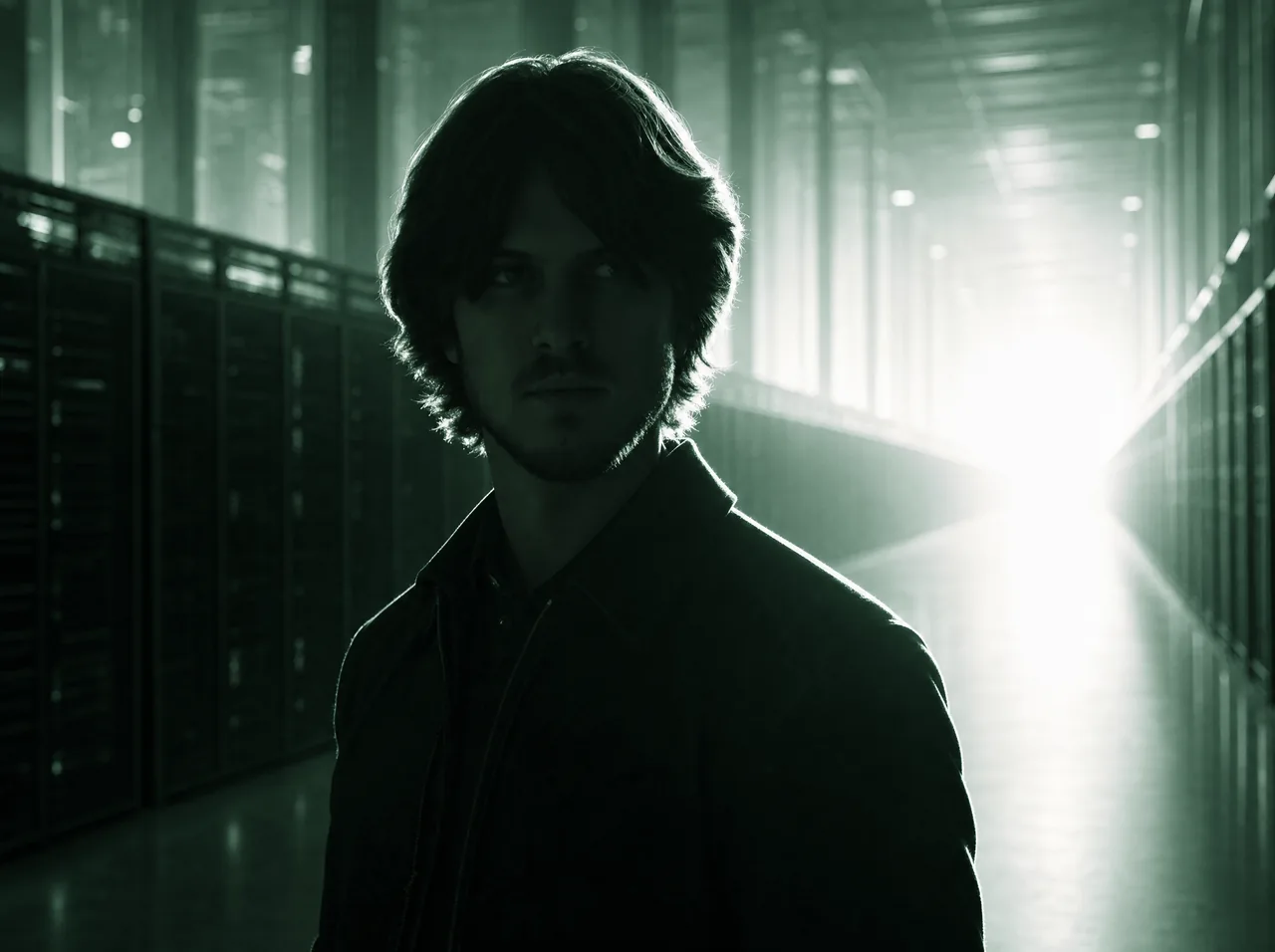 Jay Wildes in a dark collared jacket, standing in a dim server hall and lit only by the blown-out light at the far end of it.
